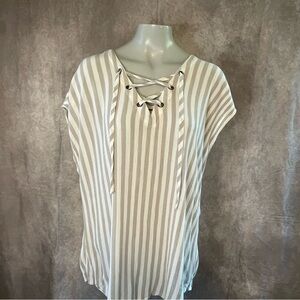 Torrid Cream and Gray Striped Lace-Up Blouse